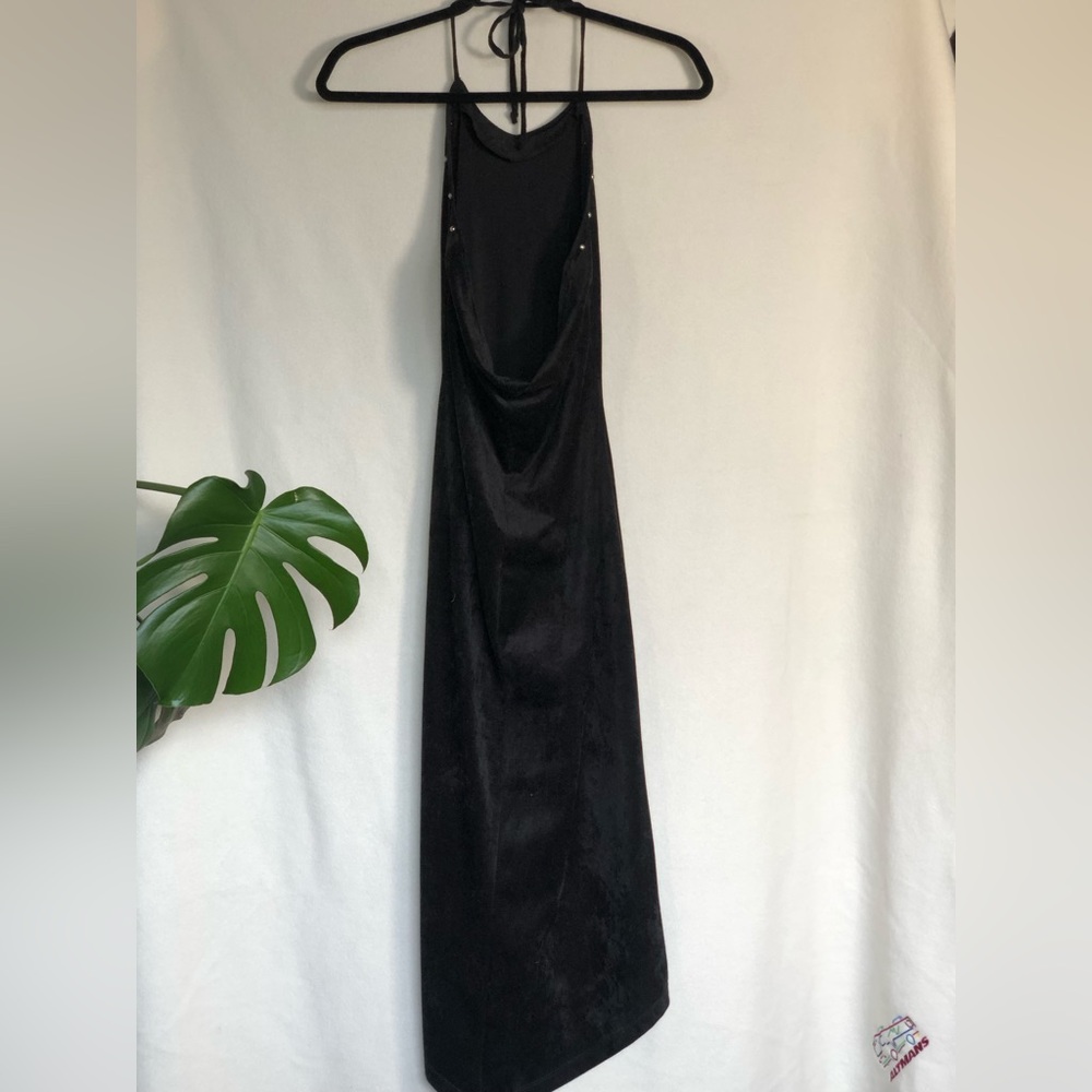 **SOLD* Aziz Black Halter Dress Decorative Studs. Low Back, V Bottom Hem. Size S - Picture 2 of 8